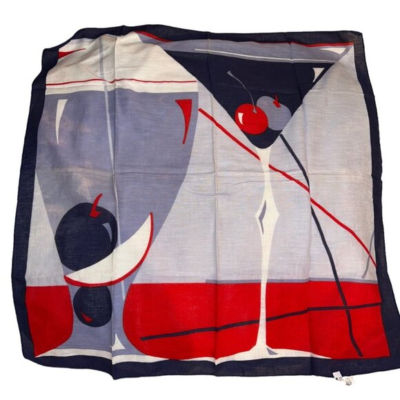French Vintage Accessories - French Vintage cotton red teal Martini Cocktail cotton Handkerchief scarf RARE